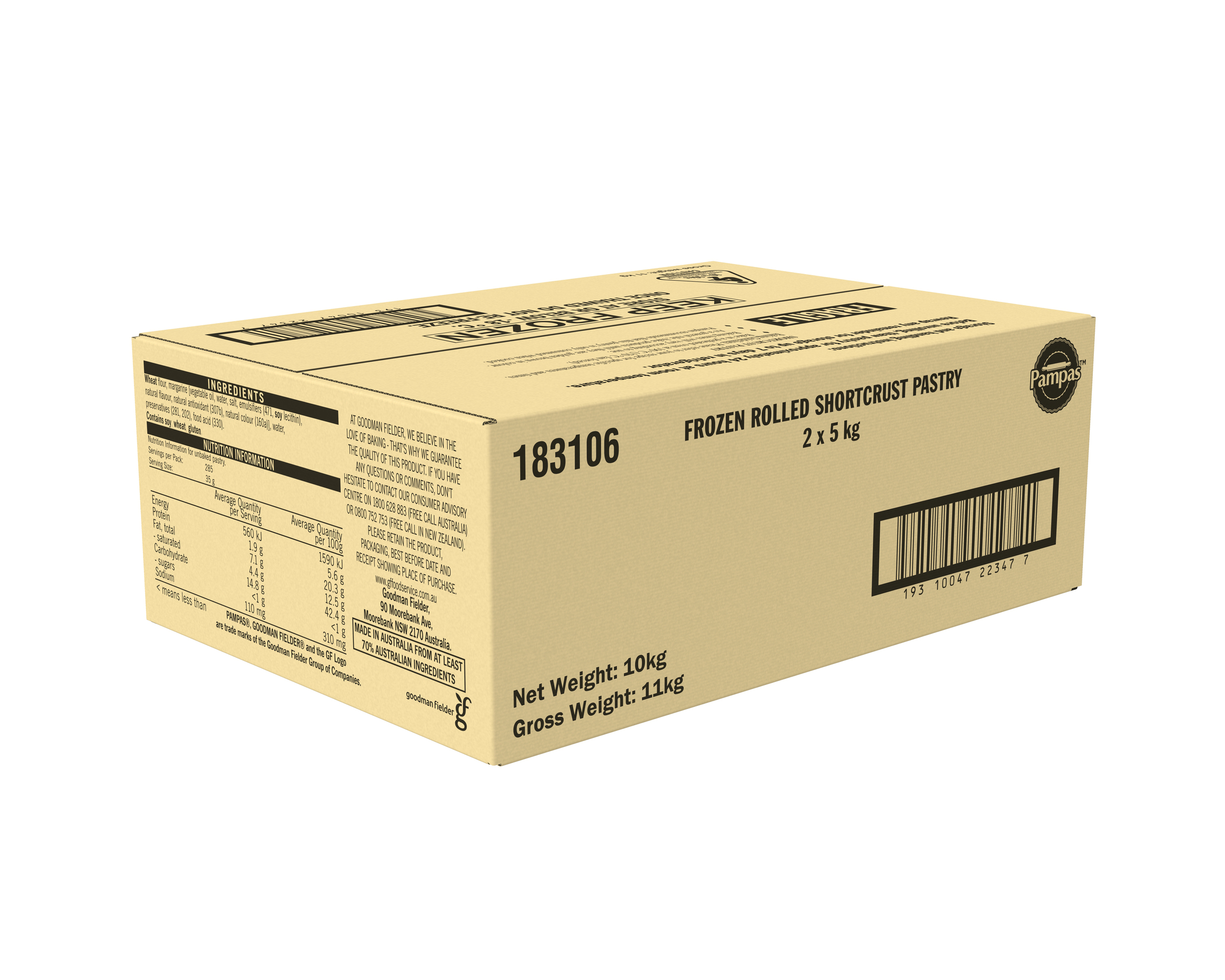 Pampas Frozen Rolled Shortcrust Pastry 2 x 5kg