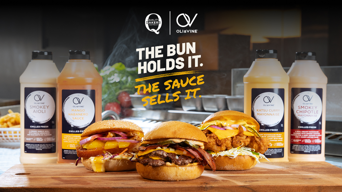 Three burgers on QBA Buns with four OLI & VINE Sauces. The Bun Holds It. The Sauce Sells It.
